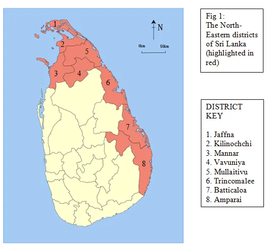The North-Eastern districts of Sri Lanka (highlighted in red)